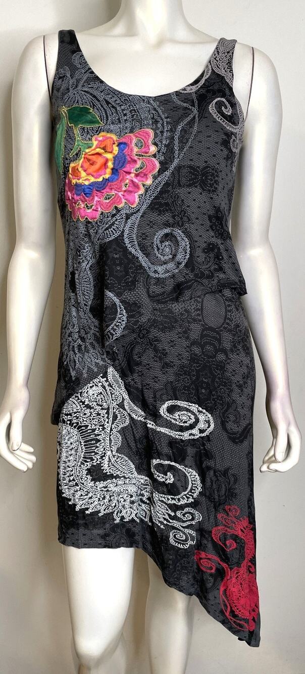 Desigual Black Gray Floral Dress S Floral Applique Sleeveless Tiered Tank